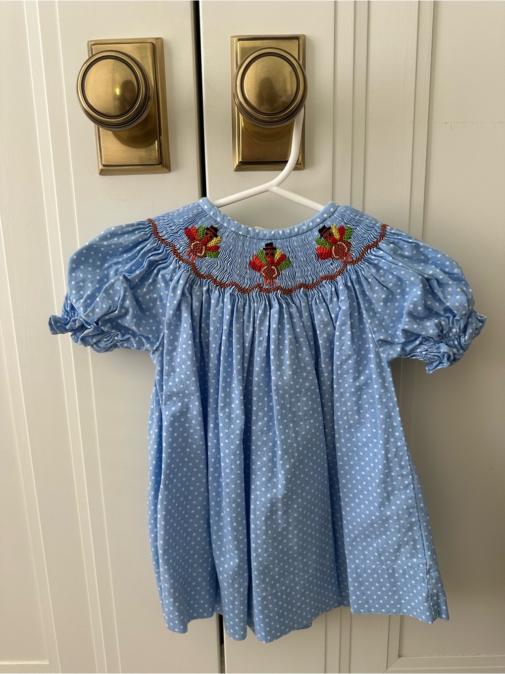 Light Blue Polka Dot Smocked Kids Dress with Thanksgiving Motif 🦃